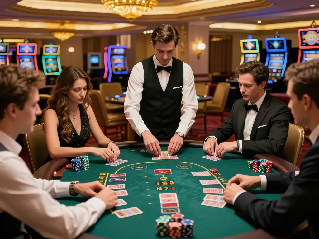Luckyindex reveals intense blackjack gameplay at an upscale casino table with players and dealer.