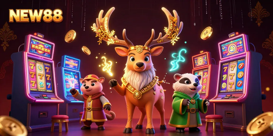 Join the excitement of NEW88 with vibrant 3D carnival-themed illustration showcasing slot machines and mystical characters.