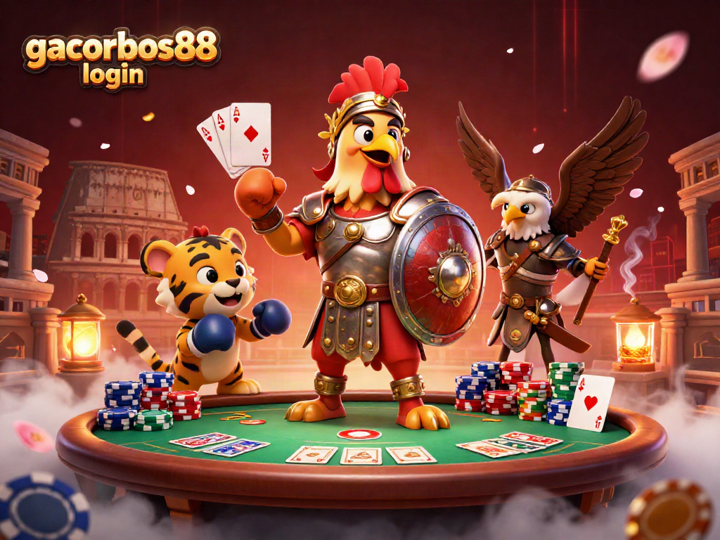 Engage with gacorbos88 login in an epic 3D arena featuring lively casino elements.