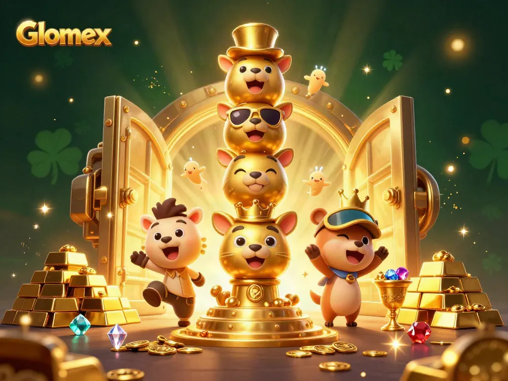 Glomex showcases vibrant casino joy with animated totem and dynamic treasures bursting with energy.