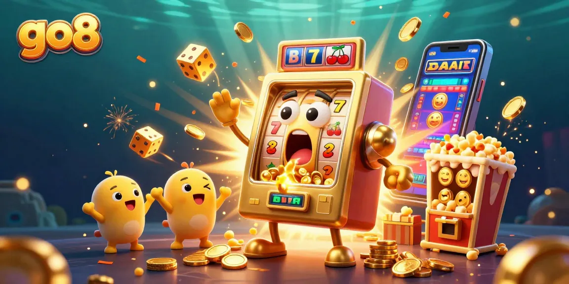 Experience the excitement of go8 as playful slot machines hit the jackpot amidst flying coins and vibrant game elements.