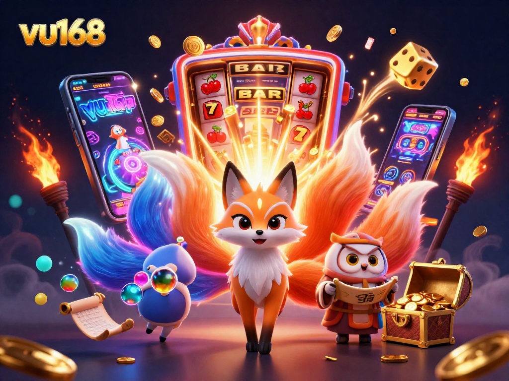 Experience excitement at vu168 with a vibrant illustration of a nine-tailed fox and wise owl amidst colorful casino elements.