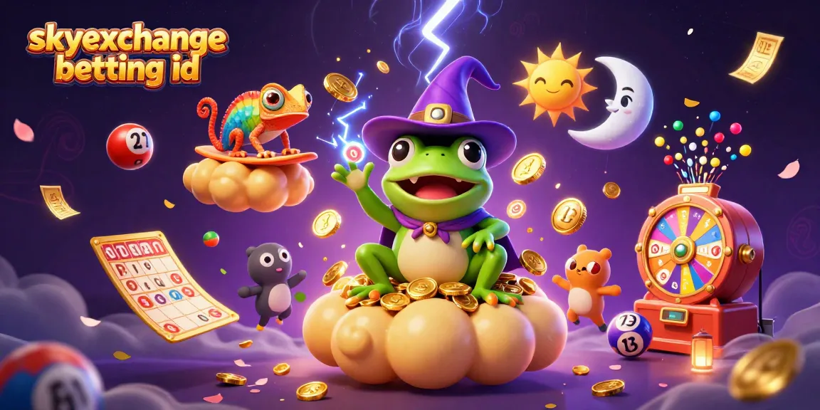 Engage with the excitement of skyexchange betting id as a frog wizard conjures golden coins amidst a colorful storm of gambling elements.