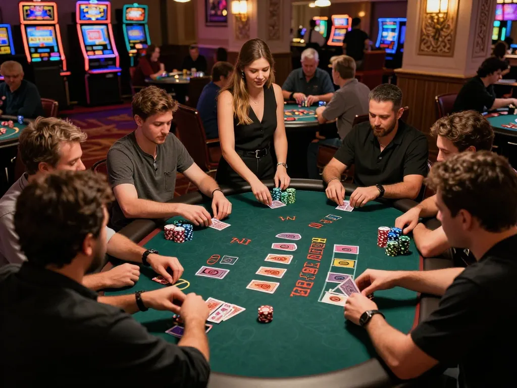 W69 players strategizing at a blackjack table with vibrant atmosphere and colorful chips.