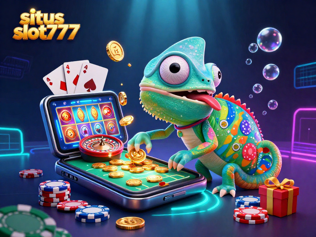 Experience excitement with situs slot777 showcasing a vibrant chameleon casino owner amid slot games and golden coins.