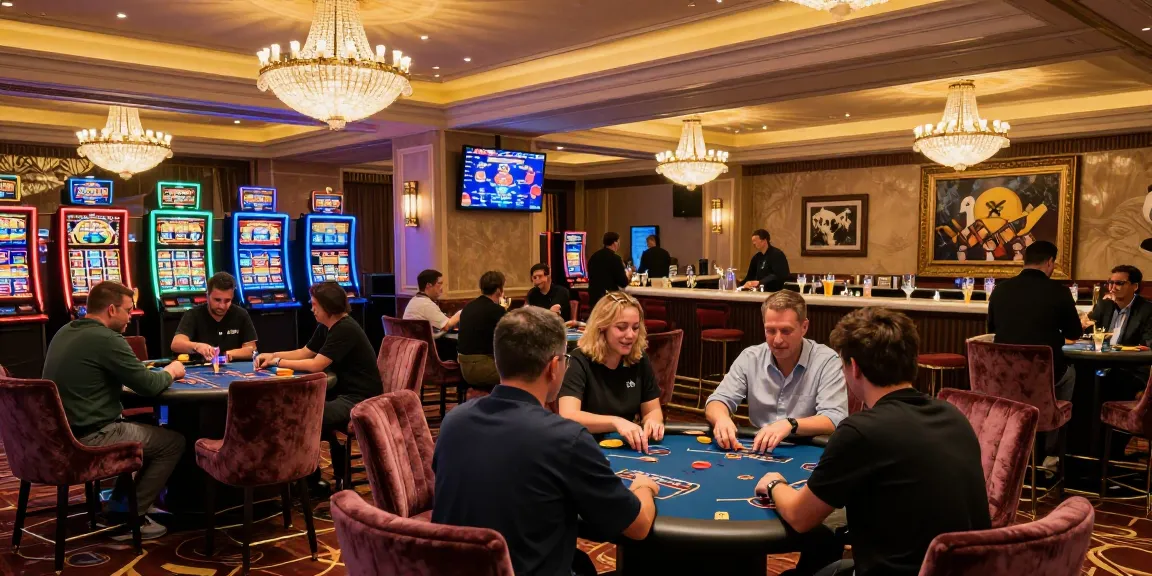 High-end gaming scene at luxurious casino featuring iwin players engaged in poker and slot machines.
