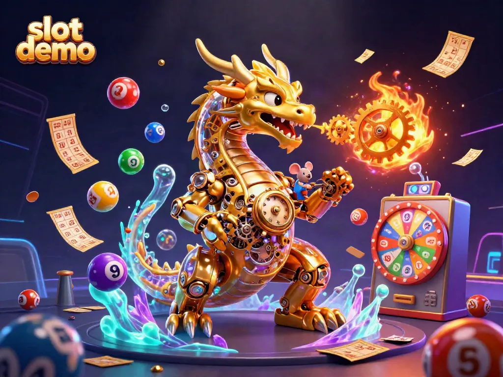 Bermain slot demo di dunia fantastis dengan naga emas dan elemen kasino menyenangkan yang berwarna-warni.