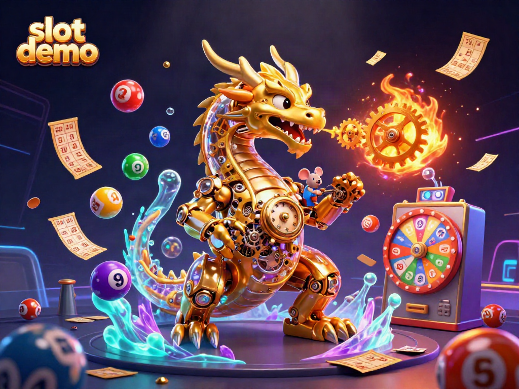 Bermain slot demo di dunia fantastis dengan naga emas dan elemen kasino menyenangkan yang berwarna-warni.