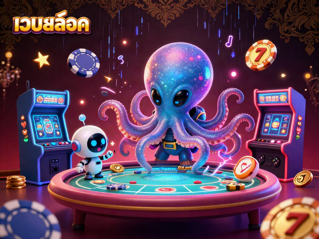 Engage with เว็บสล็อต as an alien octopus runs a holographic poker table amid vibrant casino elements.