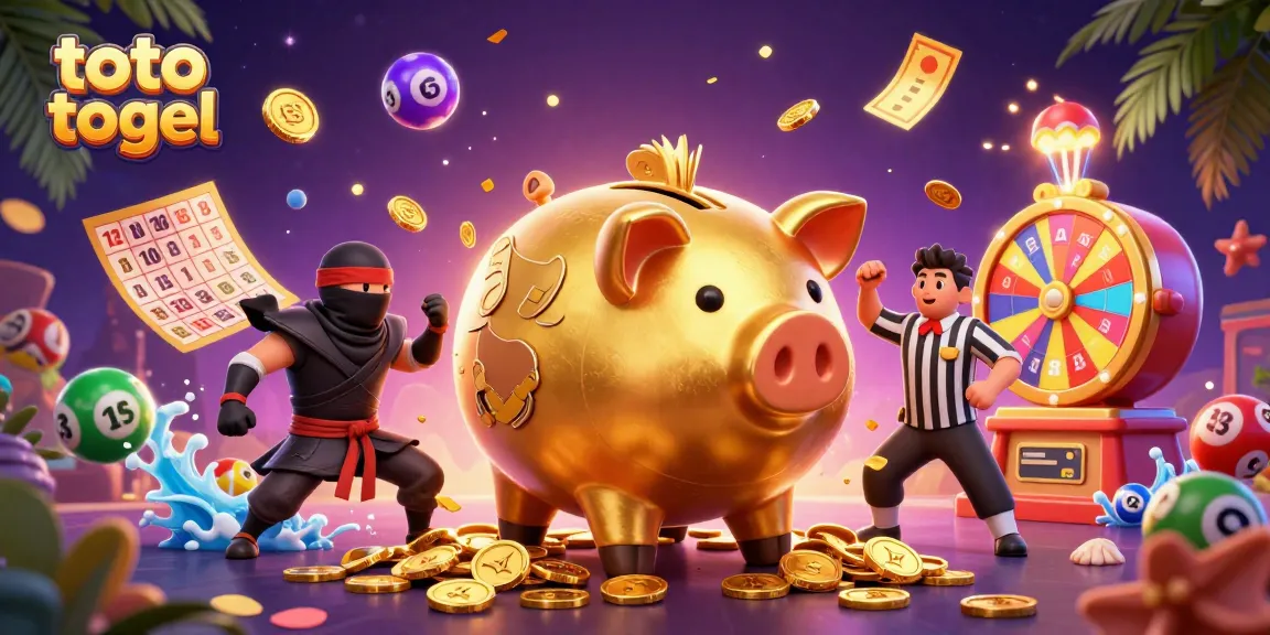 Toto togel themed illustration showing a piggy bank sumo wrestler amidst vibrant lottery elements and dynamic action