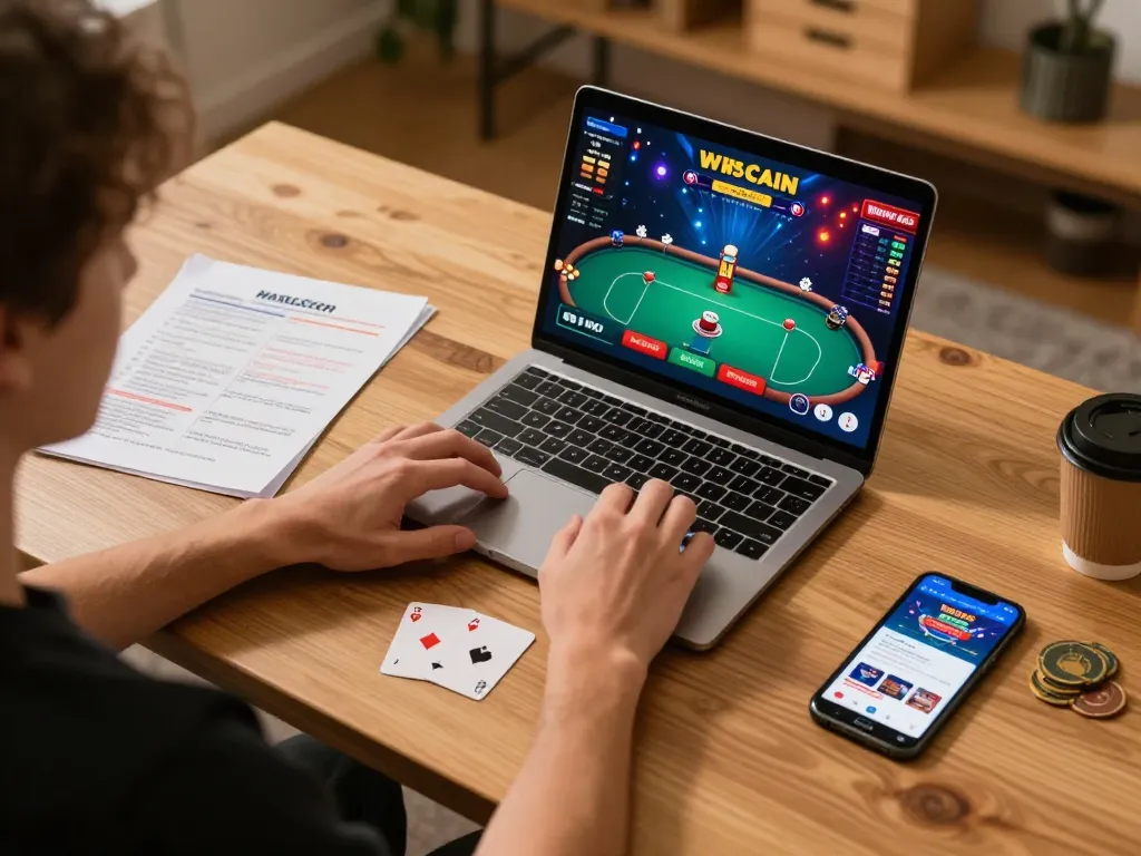 Engaging in Hướng dẫn KO66 online poker strategy on a laptop, emphasizing responsible gaming.