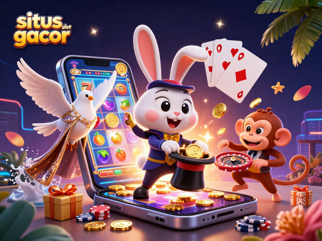 Win big with situs slot gacor featuring a lively scene with a magician rabbit, dove, and monkey in 3D illustration.