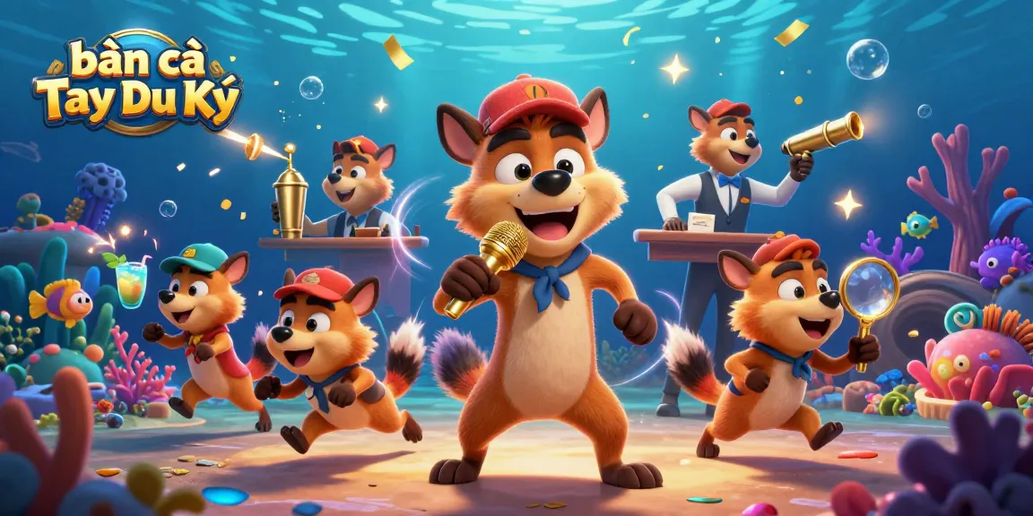 Bắn cá Tây Du Ký game scene featuring hyenas fish shooting with vibrant sea creatures, a bartending hyena, and vibrant coral.