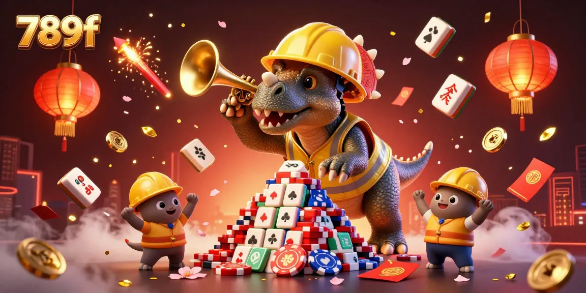 Celebrate with 789f as a triceratops builds a tower of poker chips in a vibrant casino scene.
