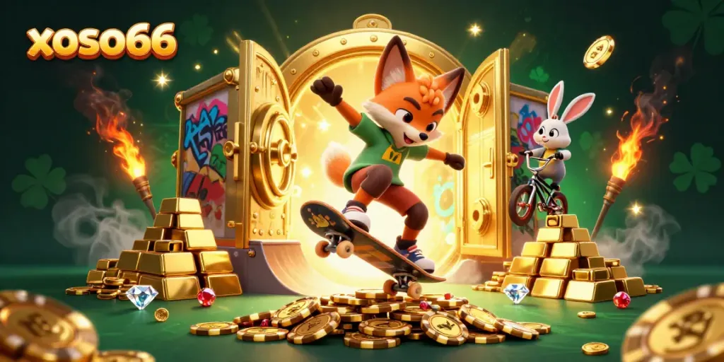 Experience the thrill of xoso66 with a vibrant 3D scene showcasing a fox and rabbit in a casino adventure.