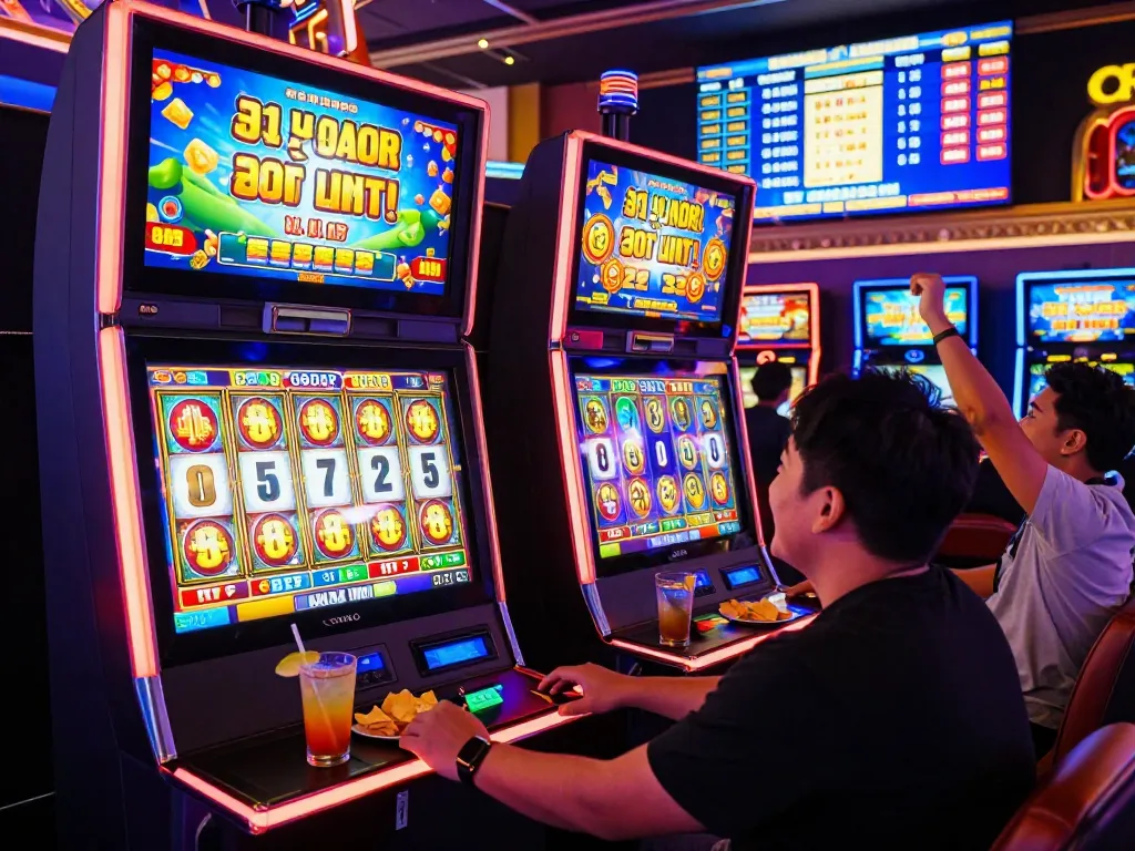 Pemain menikmati slot gacor hari ini dengan tampilan digital yang cerah dalam suasana kasino yang ramai.