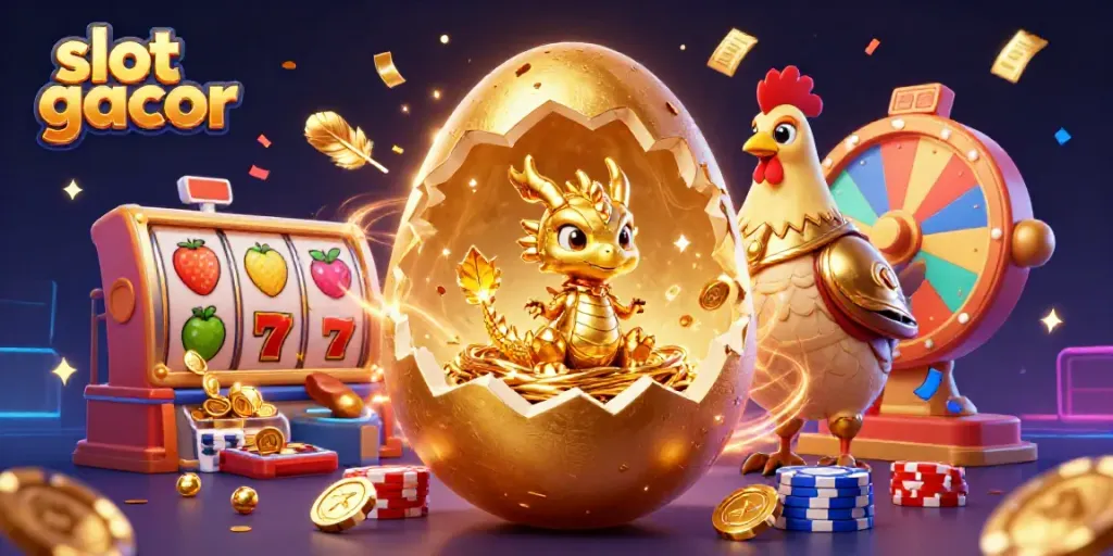 Experience slot gacor magic with a golden dragon, poker chips, and vibrant symbols in this festive illustration.