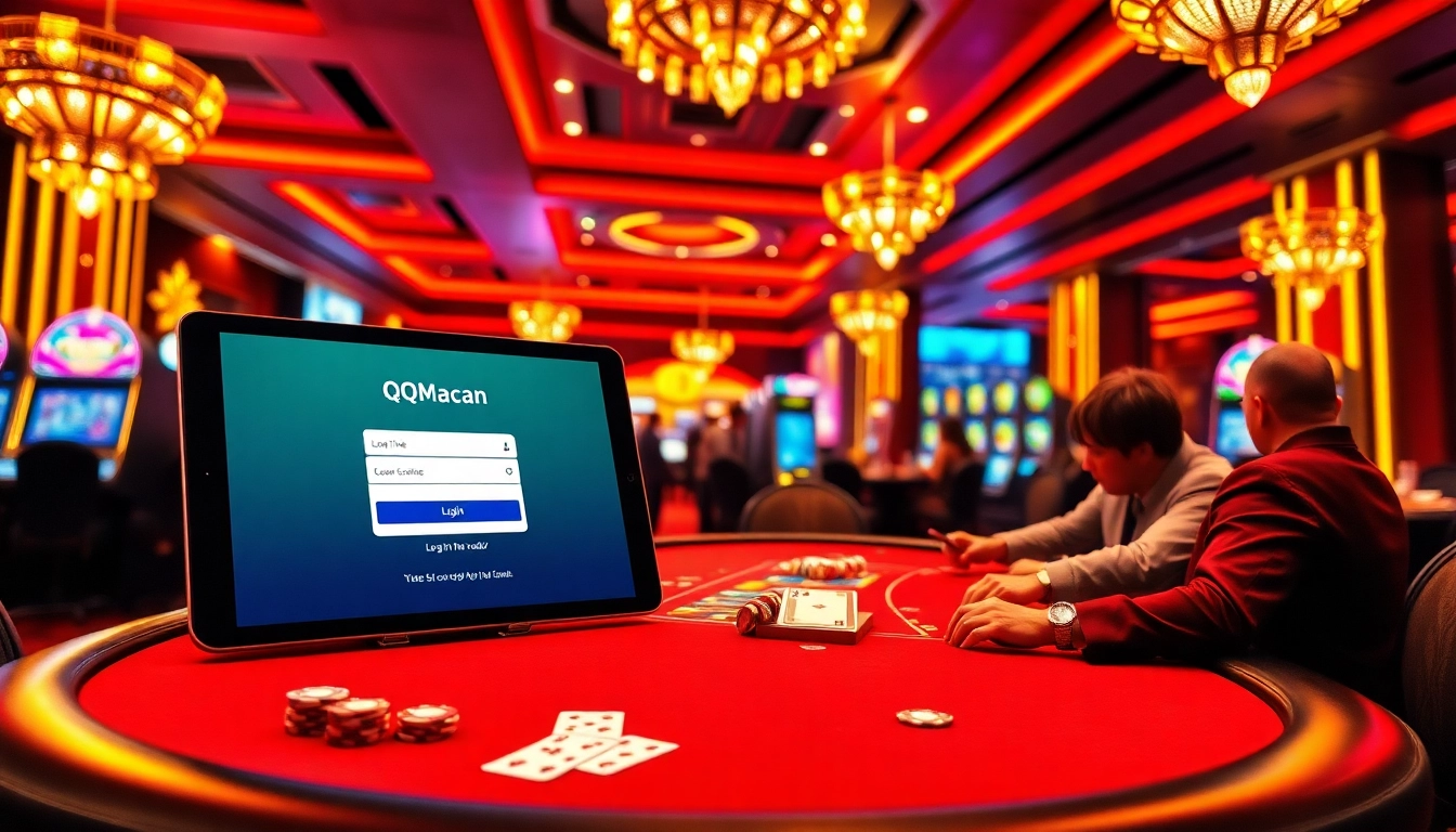 Experience QQMacan login with a sleek casino atmosphere, featuring poker tables and modern gaming elements.