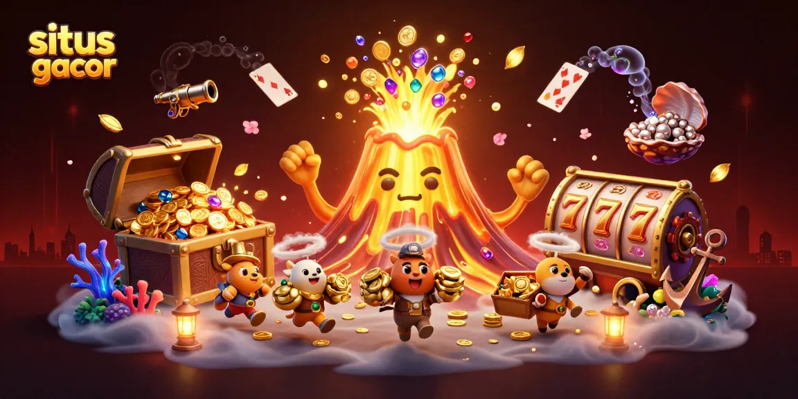 Ilustrasi situs slot gacor yang menunjukkan gunung berapi emas 3D dengan aliran lava dan hewan penjelajah mengumpulkan harta karun.