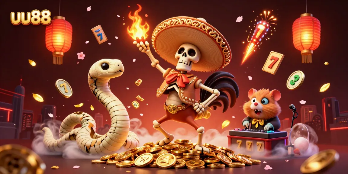 Experience the excitement of uu88 with a vibrant 3D casino scene featuring a victory dance of characters amidst slot machine elements and golden coins.