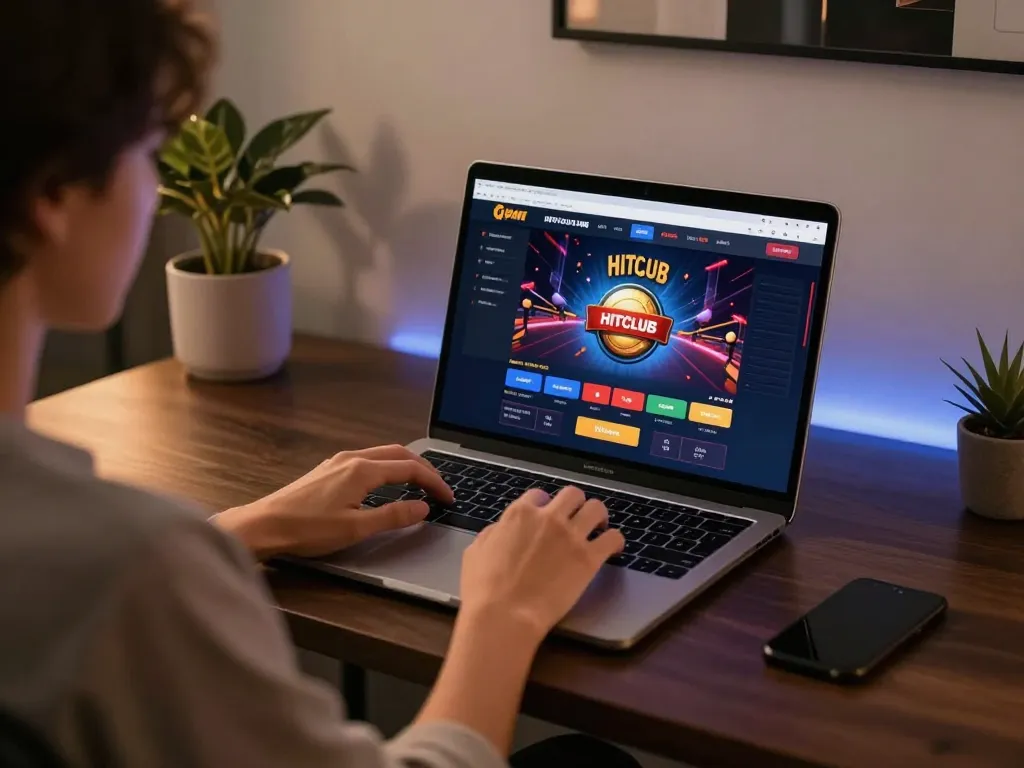 Engaging gameplay on HITCLUB highlighted on laptop, cozy home atmosphere with modern décor.