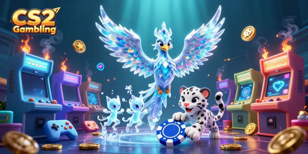 Experience CS2 Gambling with an ice phoenix, snow leopard cub, and enchanting sprites in a vibrant casino scene.