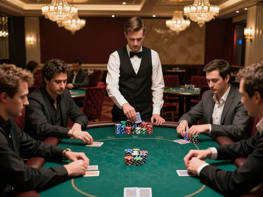 hubet players engaged in high-stakes poker at a luxurious casino table with strategically stacked chips.