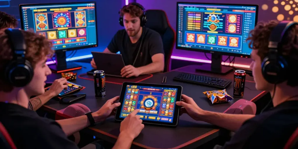 Exciting gaming experience featuring hotwin88 players engaged in online slots with vibrant graphics.