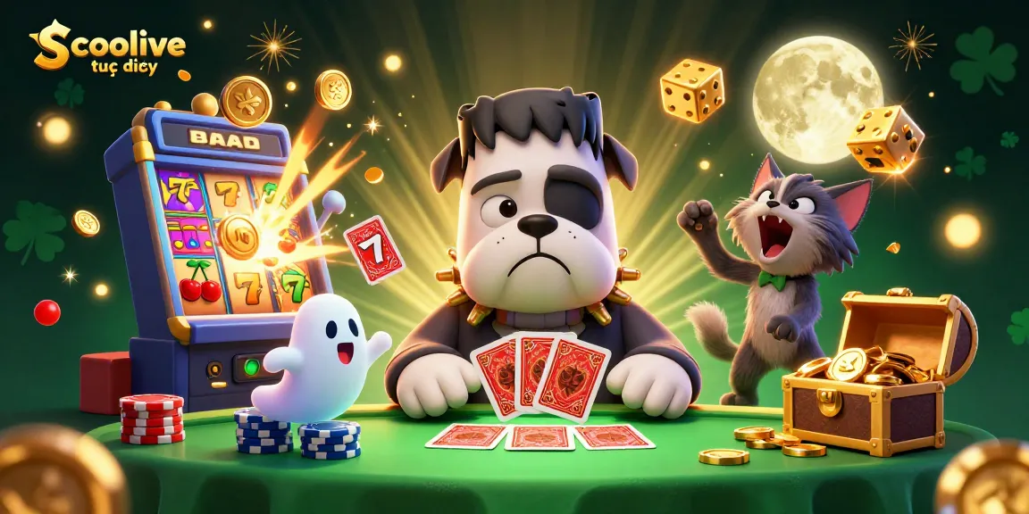 Experience Socolive trực tiếp with a dynamic illustration of a 3D Frankenstein bulldog dealer at a vibrant casino table.