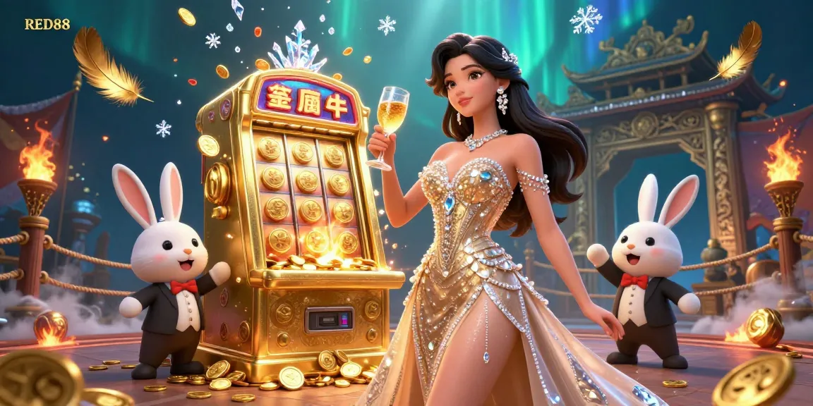Spin and win at RED88 with a glamorous woman celebrating beside a jackpot slot machine, radiating excitement.