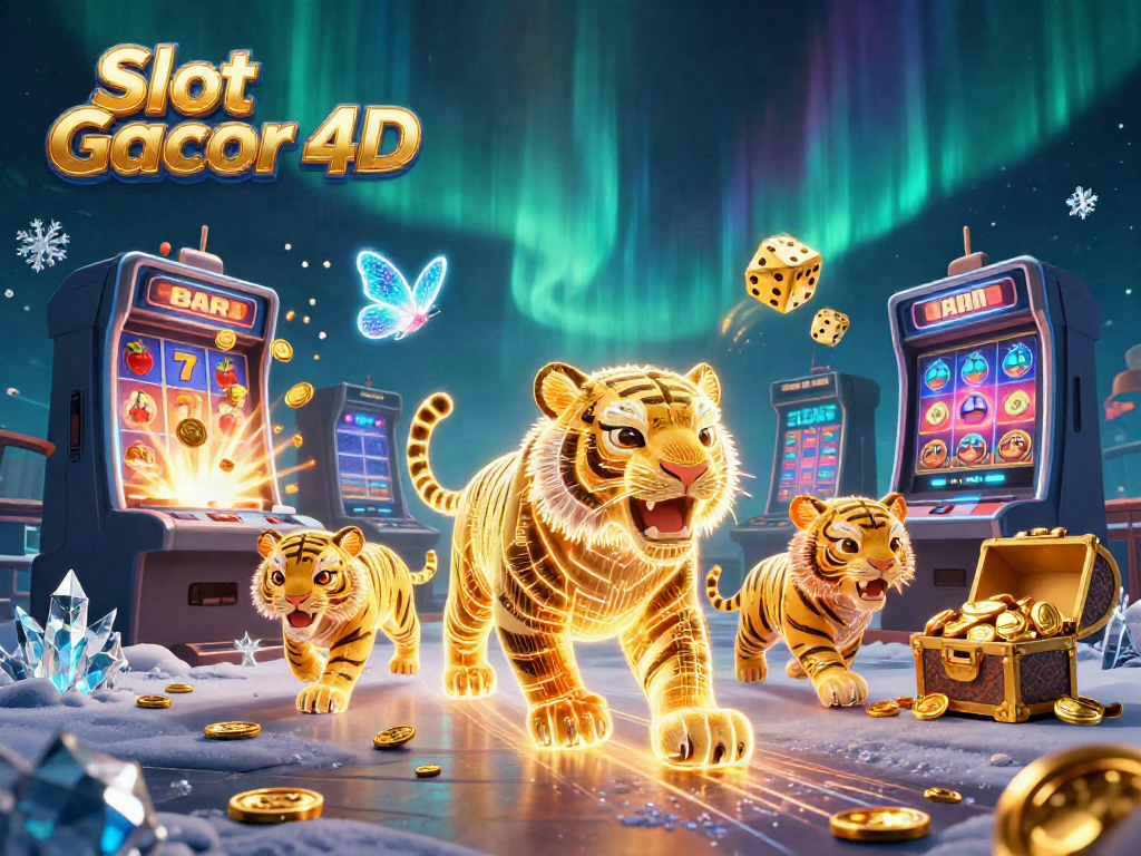 Taruhan Slot Gacor 4D dengan singa emas di kasino digital yang megah.