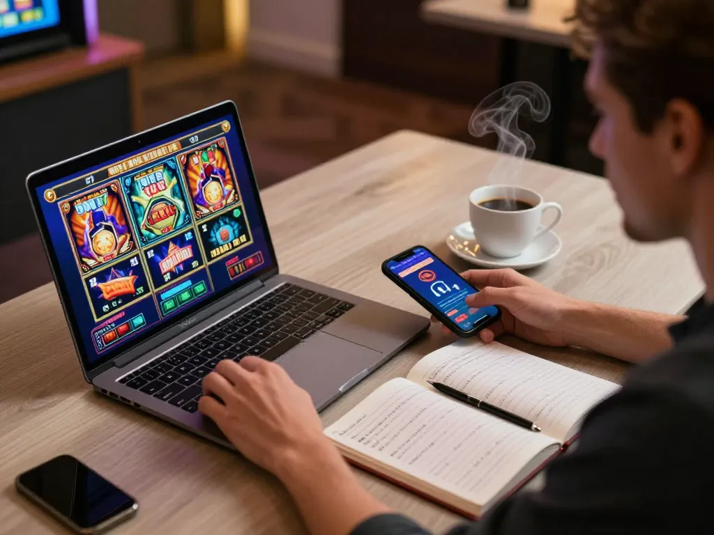 Player spinning slots on a laptop showcasing vibrant graphics in a cozy home environment