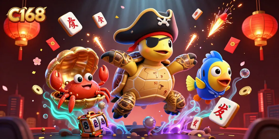 C168 empowers players with vibrant slot gameplay featuring a pirate turtle amidst rich casino elements.