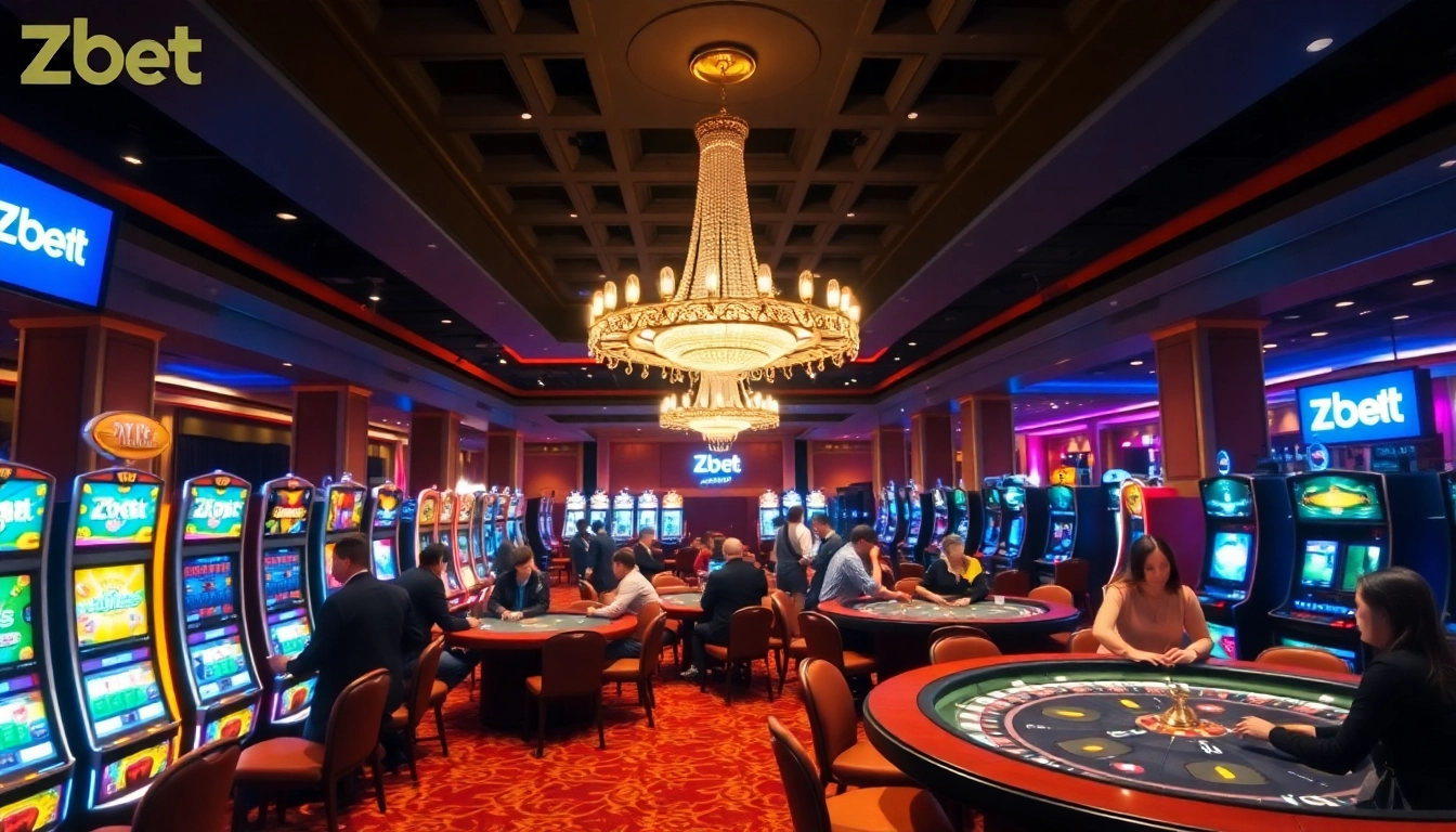 Zbet casino vibrant scene with players enjoying table games and slots in a luxurious setting.