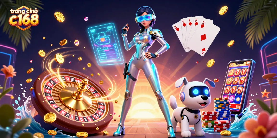 Experience the excitement at trang chủ c168 with a vibrant digital casino illustration featuring games and characters.