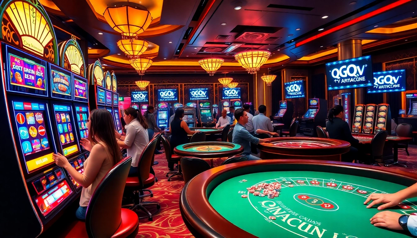 Excited players enjoying a luxurious casino atmosphere while using qqmacan login to access online games.