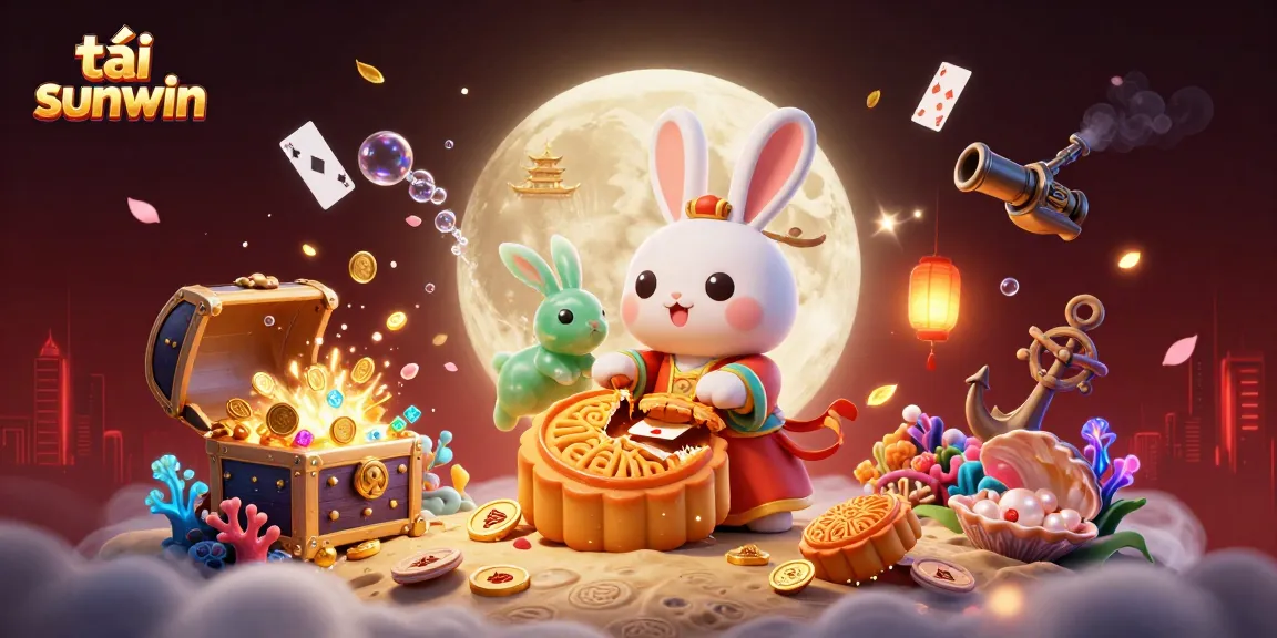 Experience tải sunwin with a vibrant 3D casino-themed illustration showcasing a moon rabbit with poker chips.