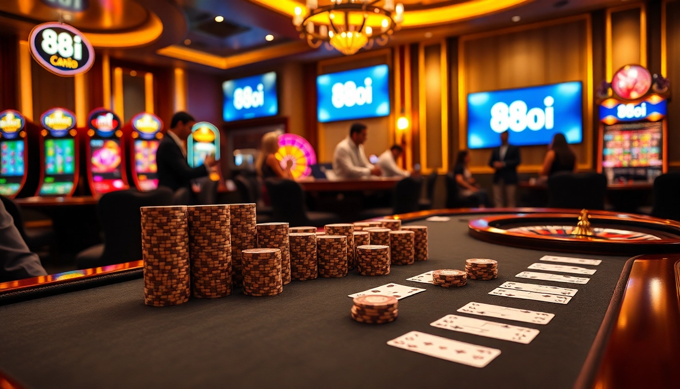 88i casino scene with poker chips, cards, and roulette wheel in an elegant atmosphere