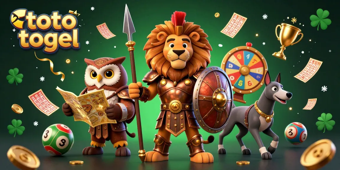 Engage in the thrilling world of toto togel with a vibrant 3D illustration of a lion, owl, and greyhound surrounded by dynamic lottery elements.