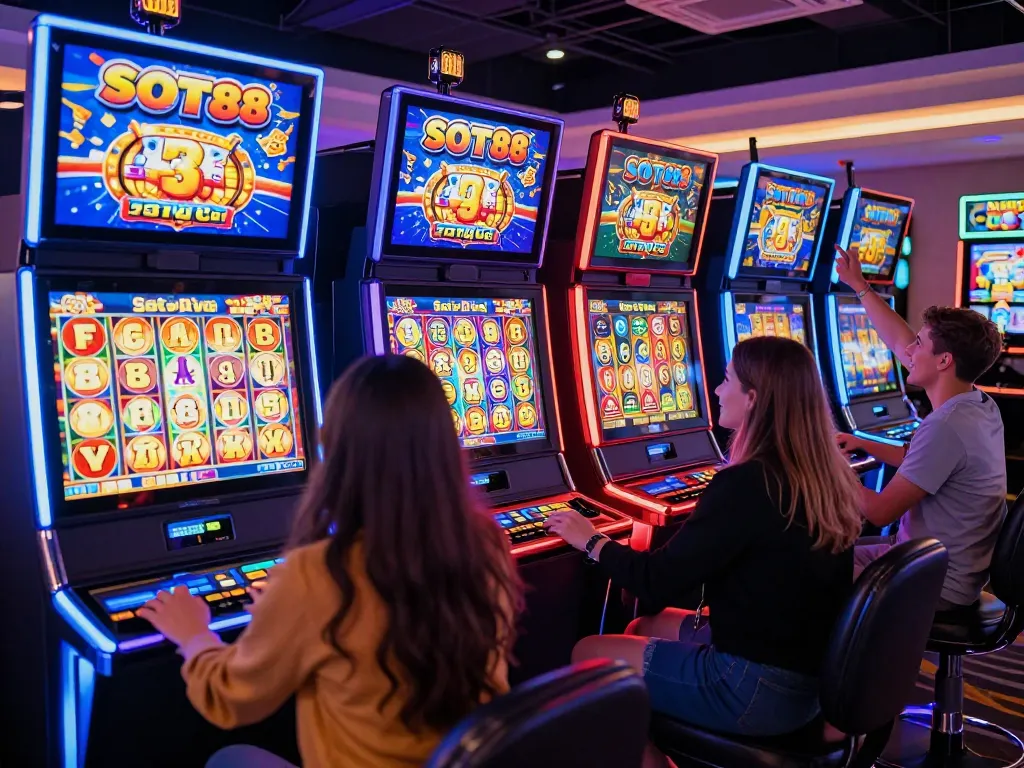 Engage with vibrant Slot88 machines showcasing colorful displays and lively celebration moments.
