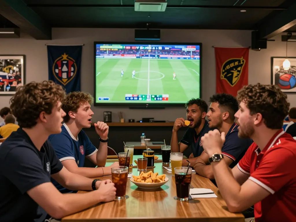 Penggemar yang bersemangat menikmati link mix parlay saat pertandingan sepak bola langsung di lounge olahraga.