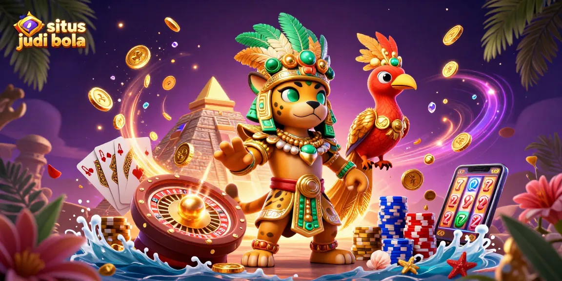 Engage in situs judi bola with vibrant scene featuring a Mayan priest and dazzling casino elements.