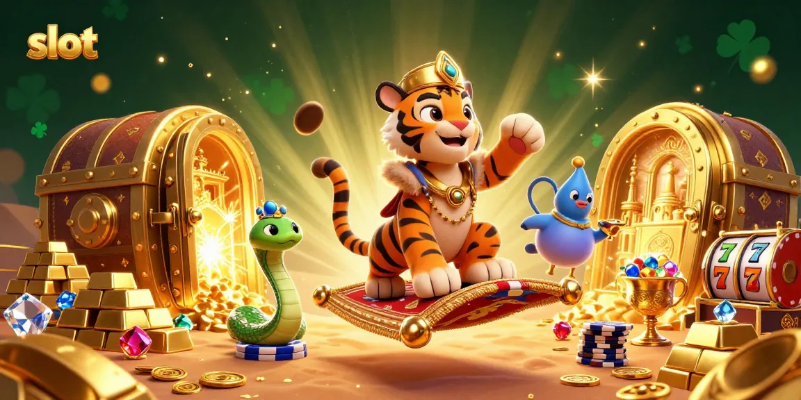 Putaran slot menarik dan keindahan harta karun dalam ilustrasi kasino 3D.