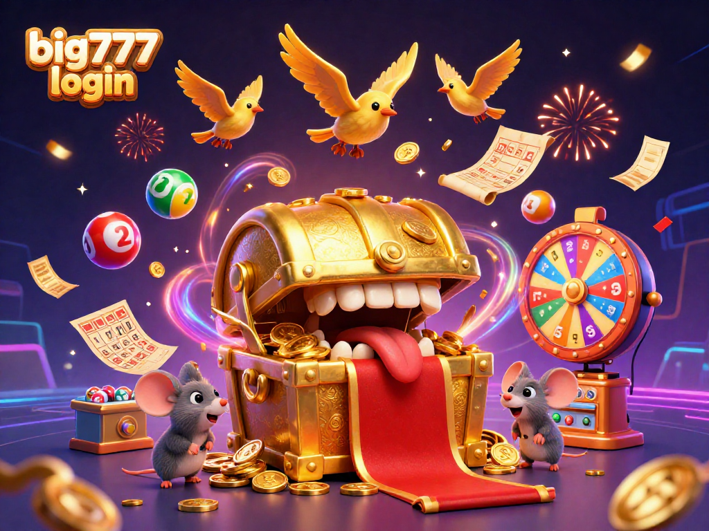 Experience the riches with big777 login as colorful lottery elements surround an adventurous scene.