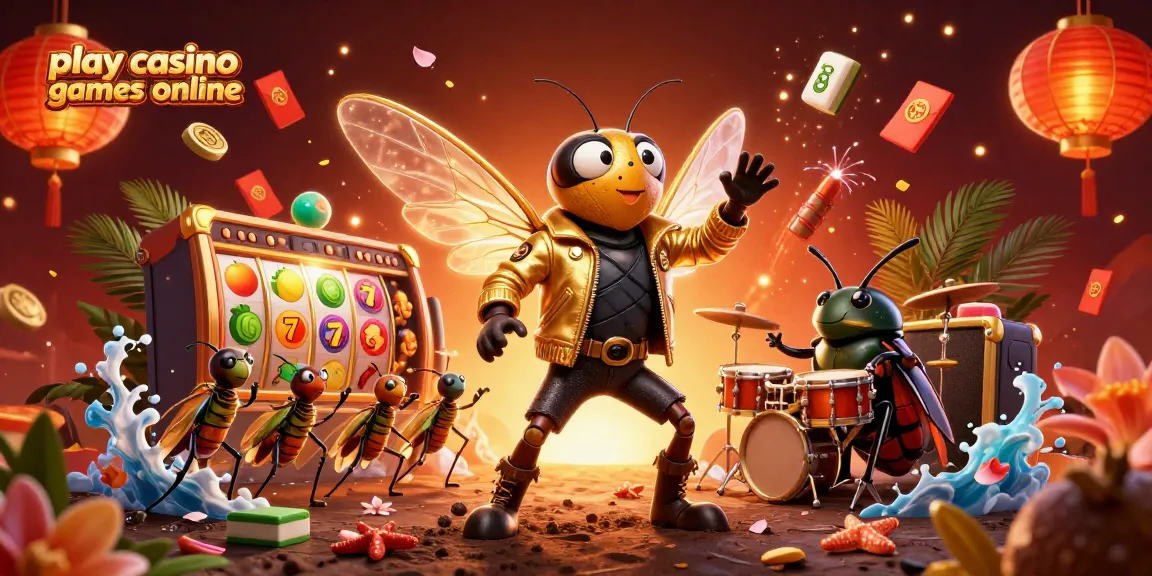 Play casino games online with a vibrant 3D scene featuring a cicada rock star and dynamic slot reels.