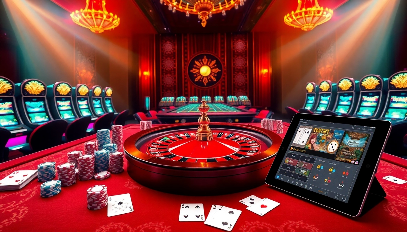 Engaging casino scene with a spinning roulette wheel and poker chips, showcasing excitement at https://thabet.vegas/.
