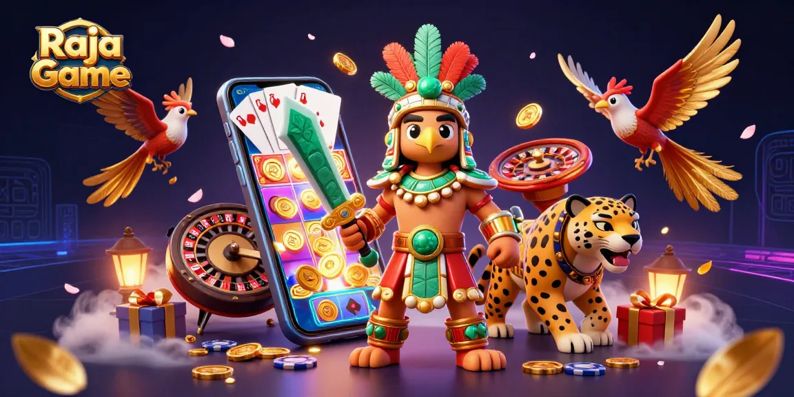 Play exciting games on Raja Game with a captivating warrior scene featuring vibrant slot game elements.