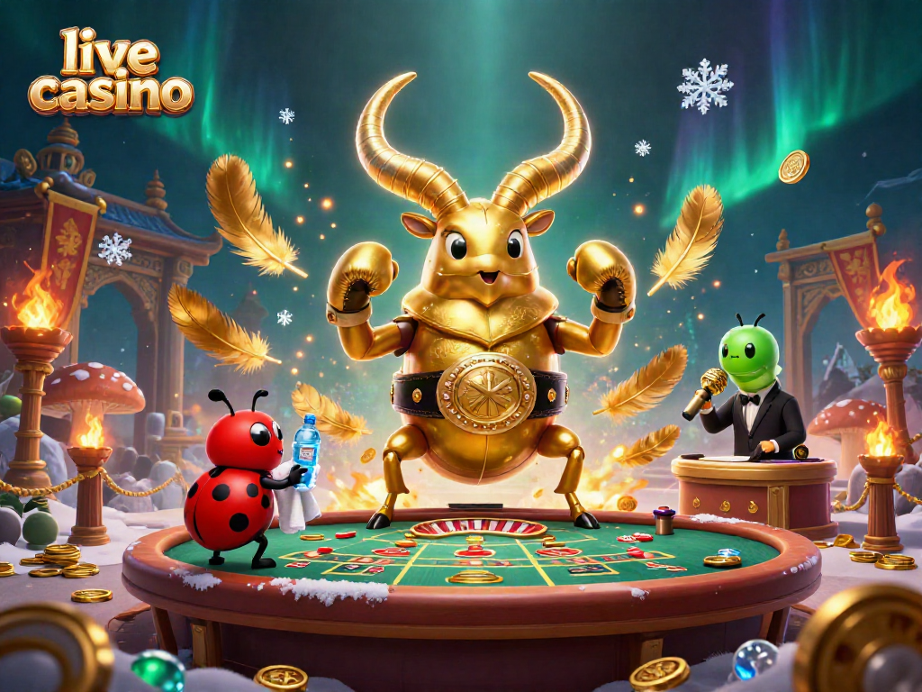 Menggambarkan live casino dengan roda roulette, dealer, dan karakter kartun dalam suasana yang dinamis.