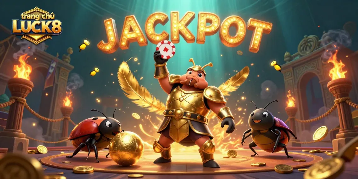 Experience the excitement of trang chủ LUCK8 with a vibrant 3D cartoon illustration showcasing a heroic beetle in a dynamic casino scene.