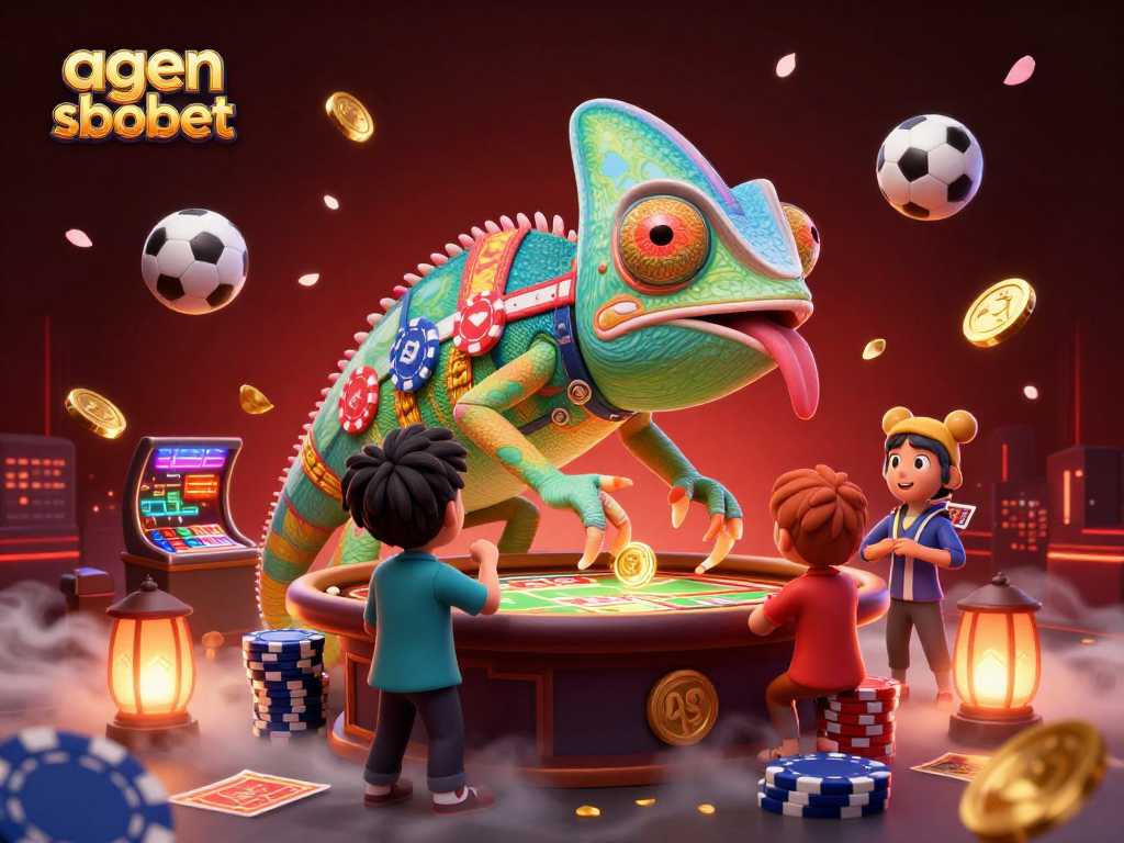 Experience exciting sports betting with agen sbobet alongside a colorful chameleon and dynamic elements.